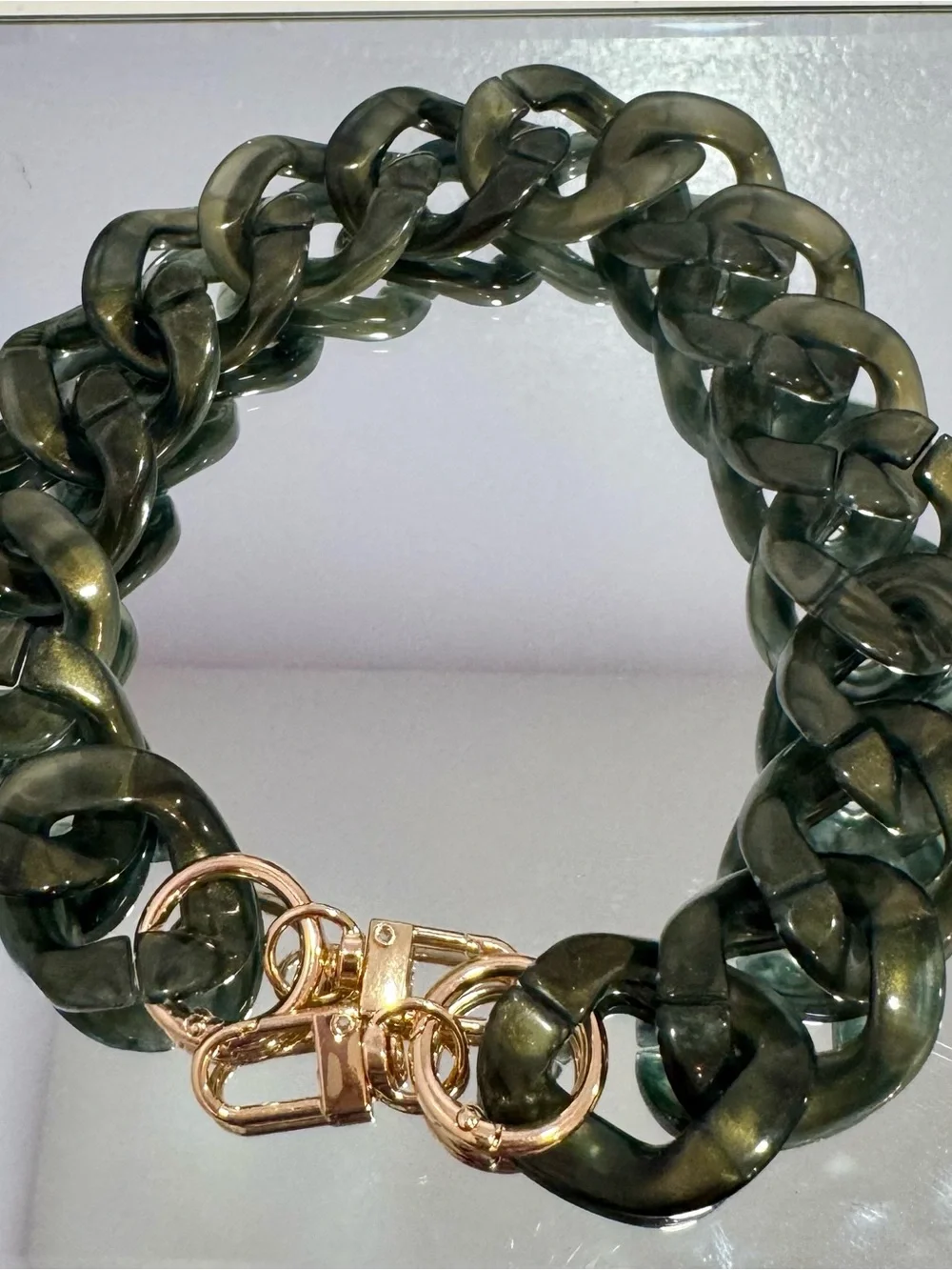 New Acrylic Glossy Camo Green Bag Chain 18 inches   withGold Hardware